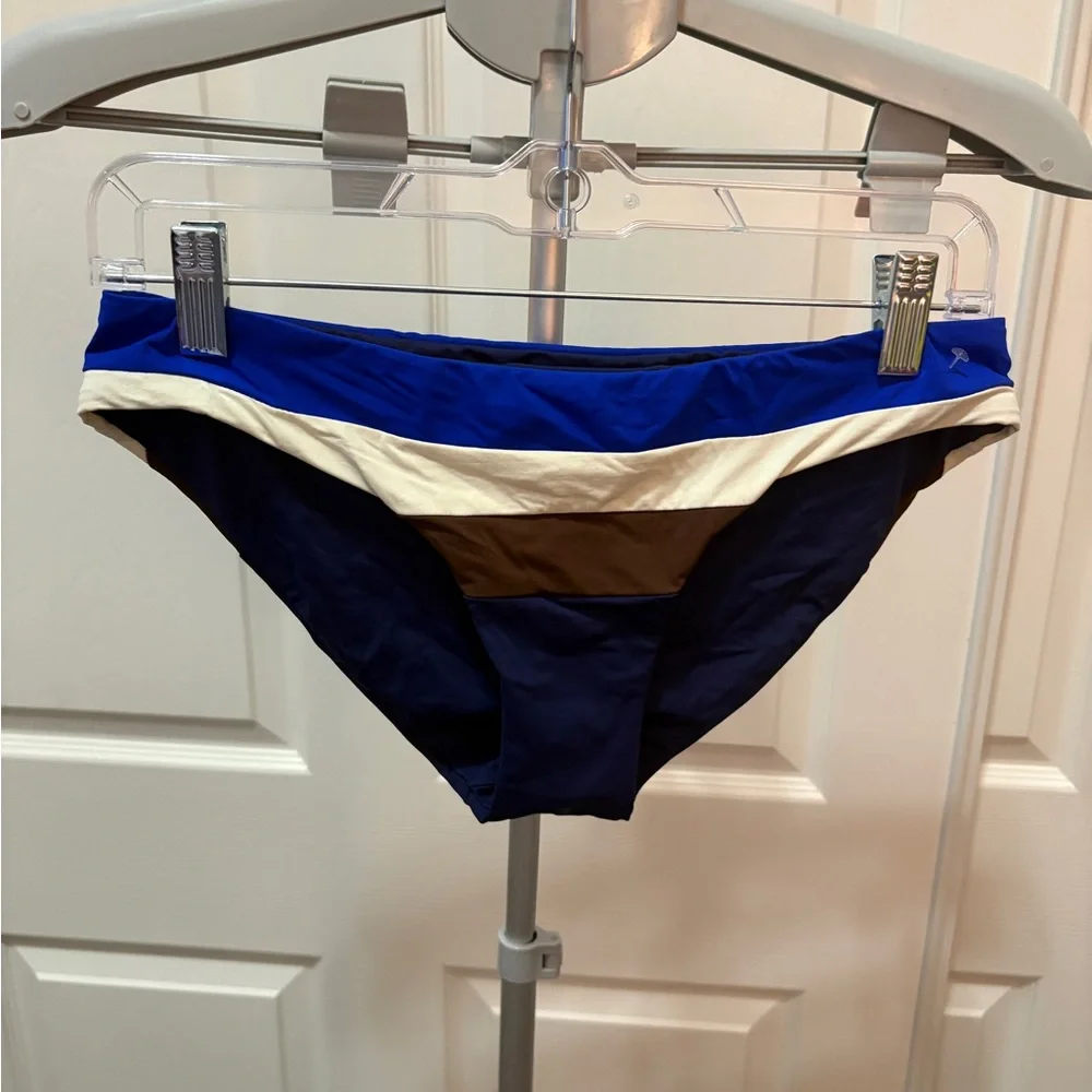 Becca Blue, White & Brown Striped Swim Suit Bikini Bottom Size Small NWOT
